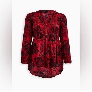Torrid Red Floral Long Sleeve Smocked Tunic NWT